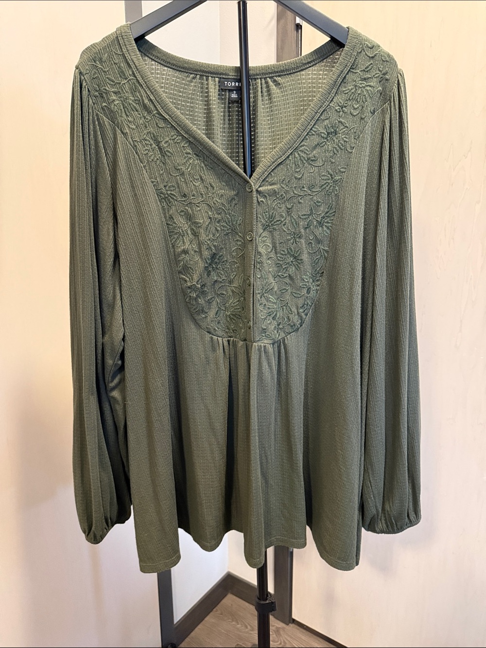 torrid Olive Embroidered V-Neck Long Sleeve Tunic
